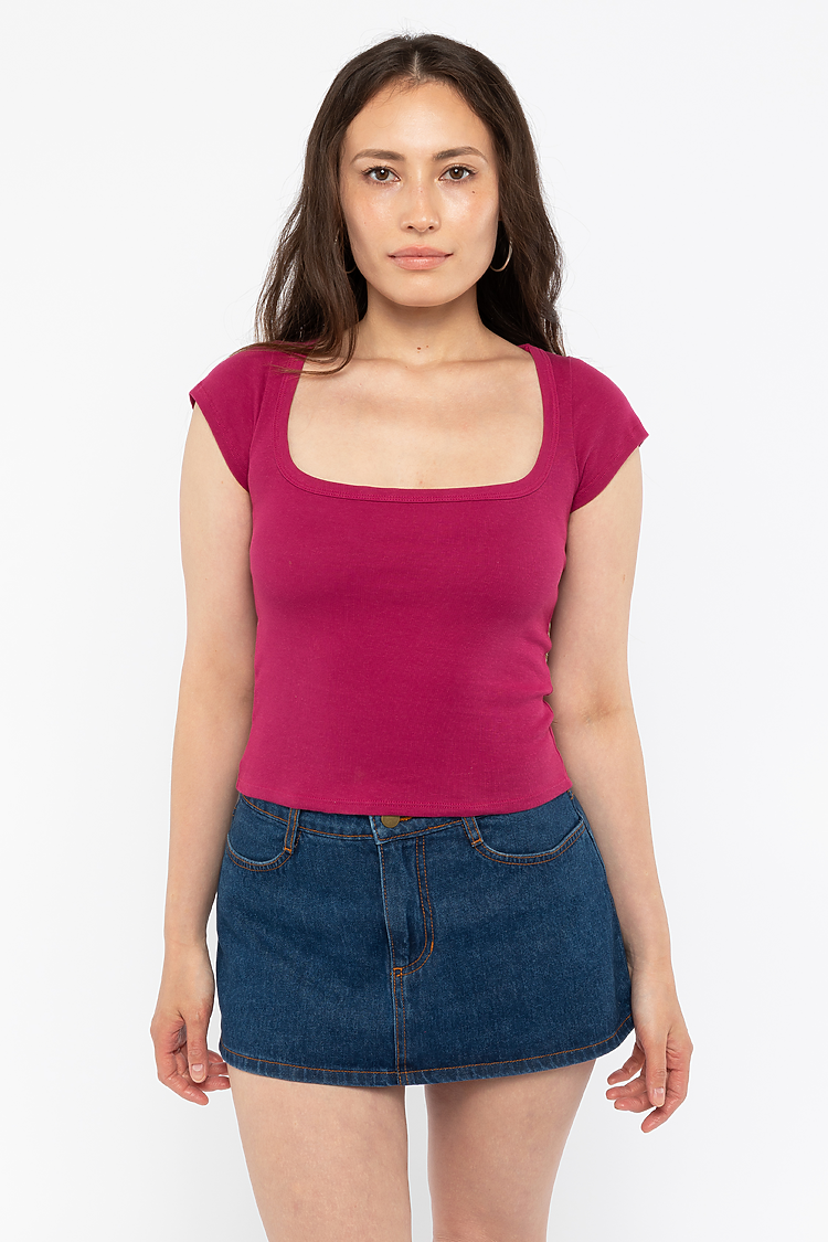 Baby Rib Square Neck Cap Tee Ruby